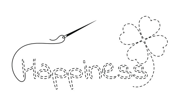 Silhouette of embroidered inscription "happiness" and clover with interrupted contour. Vector illustration of handmade work with embroidery thread and needle on white background.
