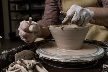 pottery, workshop, ceramics art concept - closeup on male hands sculpt new utensil with a tools and water, man's fingers work with potter wheel and raw fireclay, front close view