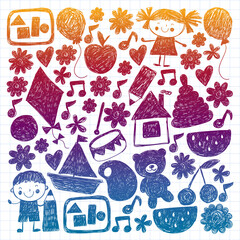Kindgergarten vector pattern. Kids drawing style. Children play and grow, creativity and imagination. School student.