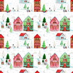 Hand drawn watercolor seamless pattern of different houses, gnome, snowman, tree, gift, star, moon, snow. New Year, Christmas town illustration for greeting card, invitation, wallpaper, wrapping paper