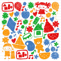 Kindgergarten vector pattern. Kids drawing style. Children play and grow, creativity and imagination. School student.