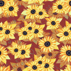 Fototapeta na wymiar Hand drawn seamless pattern of composition blooming sunflowers and colorful leaves. Decorative autumn watercolor bouquet illustration for design card, invitation, wallpaper, wrapping paper, fabric