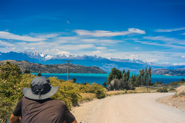 Fototapeta na wymiar Bike tour at Carretera Austral, Patagonia - Chile. View from General Carreta lake.