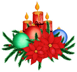 Hand drawn colorful watercolor composition of Christmas tree branches, toys, candles, berries, red flowers Poinsettia, snow. Happy New Year and Christmas illustration for greeting card, invitation