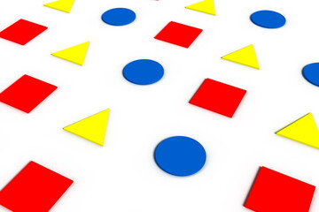 Yellow Triangle, Blue Circle and Red Square Pattern on White Background. Primary Colours and Shapes at the Bauhaus. 3D Illustration.