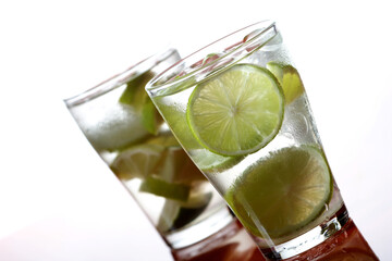 Close up of lemon drink with ice cubes