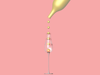 3D rendering/illustration of champagne golden bottle pouring golden spheres into the glass against pastel pink background. New Year and Christmas celebration theme. Minimal design. Copy space