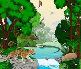  Rainforest river with animals vector illustration. Vector Green Tropical Forest jungle with parrots, jaguar, boa, peccary,  Capybara, osprey, harpy, monkey, deer, toucan, anaconda and butterflies. © Save Jungle