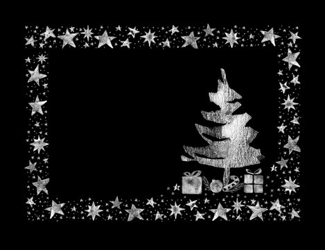 Watercolor Paint Christmas card frame Silver Metallic Elegant handmade painting bush