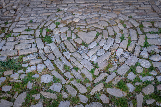 Orgelet - 09 04 2020: View of paved ground outside Church of Our Lady of the Assumption of Orgelet