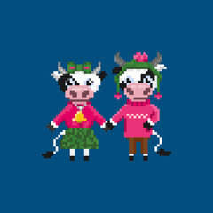 Cow pixel art on white background. Pixel cows in cute suits. Symbol of 2021.