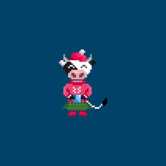 Cow pixel art on white background. Pixel cows in cute suits. Symbol of 2021.