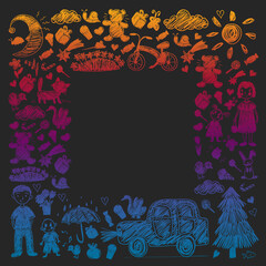 Kindergarten. Kids drawing style. Family. Mother, father, sister, brother. Boys and girls. Vector pattern.