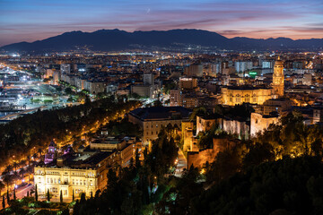 beautiful view of the city of Malaga from a viewpoint at dusk