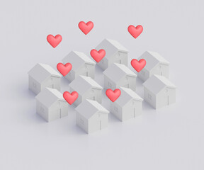 Many white houses with hearts over roofs, beloved family home concept, native city, 3d illustration