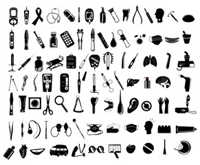 92 black and white medical icons.Dentistry service and orthodontic instruments.Gynecology and contraception.Respiratory diseases and prophylactic.Osteoporosis,bone fractures,ambulance and first aid