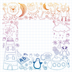 Vector kindergarten pattern with animals and toys. Illustration for little boys and girls.