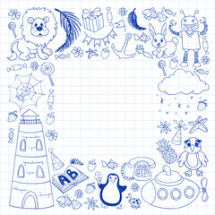 Vector kindergarten pattern with animals and toys. Illustration for little boys and girls.