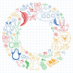Vector kindergarten pattern with animals and toys. Illustration for little boys and girls.