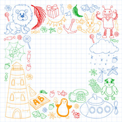 Vector kindergarten pattern with animals and toys. Illustration for little boys and girls.