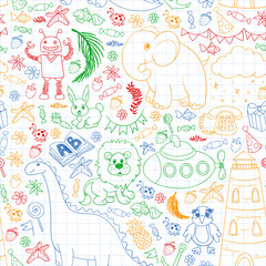 Vector kindergarten pattern with animals and toys. Illustration for little boys and girls.