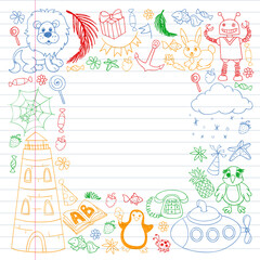 Vector kindergarten pattern with animals and toys. Illustration for little boys and girls.