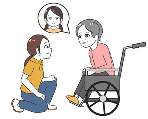 孫を探す高齢女性　車椅子　女性介護士