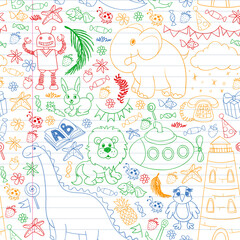 Vector kindergarten pattern with animals and toys. Illustration for little boys and girls.
