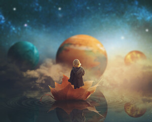 Little girl travelling through dream world, floating on a big fallen leaf; imagination/fantasy background; Elements of this image furnished by NASA - obrazy, fototapety, plakaty