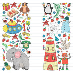 Vector kindergarten pattern with animals and toys. Illustration for little boys and girls.