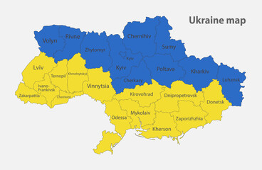 Map of the Ukraine in the colors of the flag with administrative divisions vector