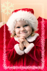 Christmas card where little girl dressed look like miss Santa earnestly beseech that Santa Claus bring her present in Christmas