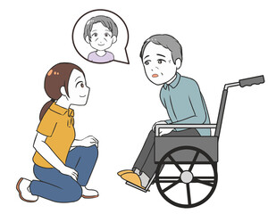 妻を探す高齢男性　車椅子　女性介護士
