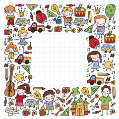 Fototapeta premium School, kindergarten with cute vector children. Dancing, singing, painting, online education. Creativity and imagination.