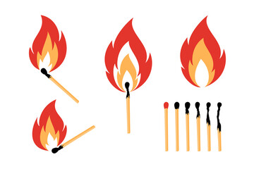 Set of burning and burned safety matches and fire flames. Vector illustration