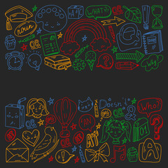 Back to school. Vector illustration with icons about education. English learning. Online internet courses.