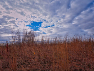 Late autumn on the prairie: Brilliant sky opens up to show vibrant blue among clouds over the prairie in the late fall with brownish red grass and vegetation 
