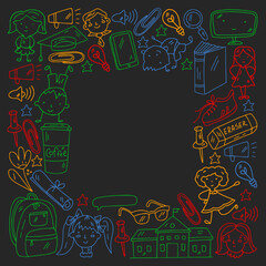 Vector pattern with school icons. Internet education, e-learning. Digital technology.