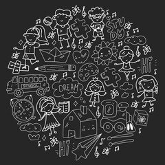 Vector pattern. School and online education. Little boys and girls play and grow together.