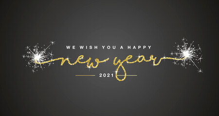 We wish you Happy New Year 2021 golden glitter star dust handwritten lettering tipography sparkle firework white black background