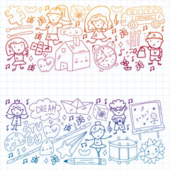 Vector pattern. School and online education. Little boys and girls play and grow together.