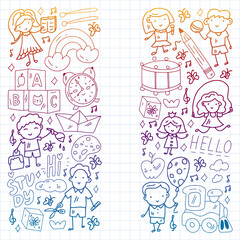 Vector pattern. School and online education. Little boys and girls play and grow together.