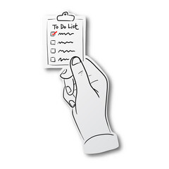 Vector illustration black line hand drawn of businessman hands holding clipboard checklist on cut paper with shadow isolated on white background