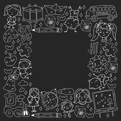 Vector pattern. School and online education. Little boys and girls play and grow together.