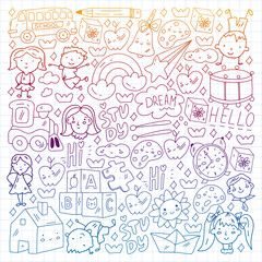 Vector pattern. School and online education. Little boys and girls play and grow together.