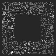 Vector pattern with school icons. Internet education, e-learning. Digital technology.