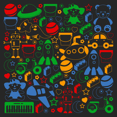 Vector pattern with the collection of toys. Doll, submarine, plane, ship. Children and kindergarten illustration.