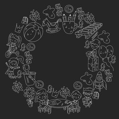 Children play with toys in the kindergarten. Kids playground. Education, creativity, imagination.