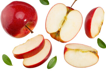 red apples with slices and green leaves isolated on a white background. top view