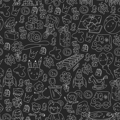 Seamless pattern. Children play with toys in the kindergarten. Kids playground. Education, creativity, imagination.